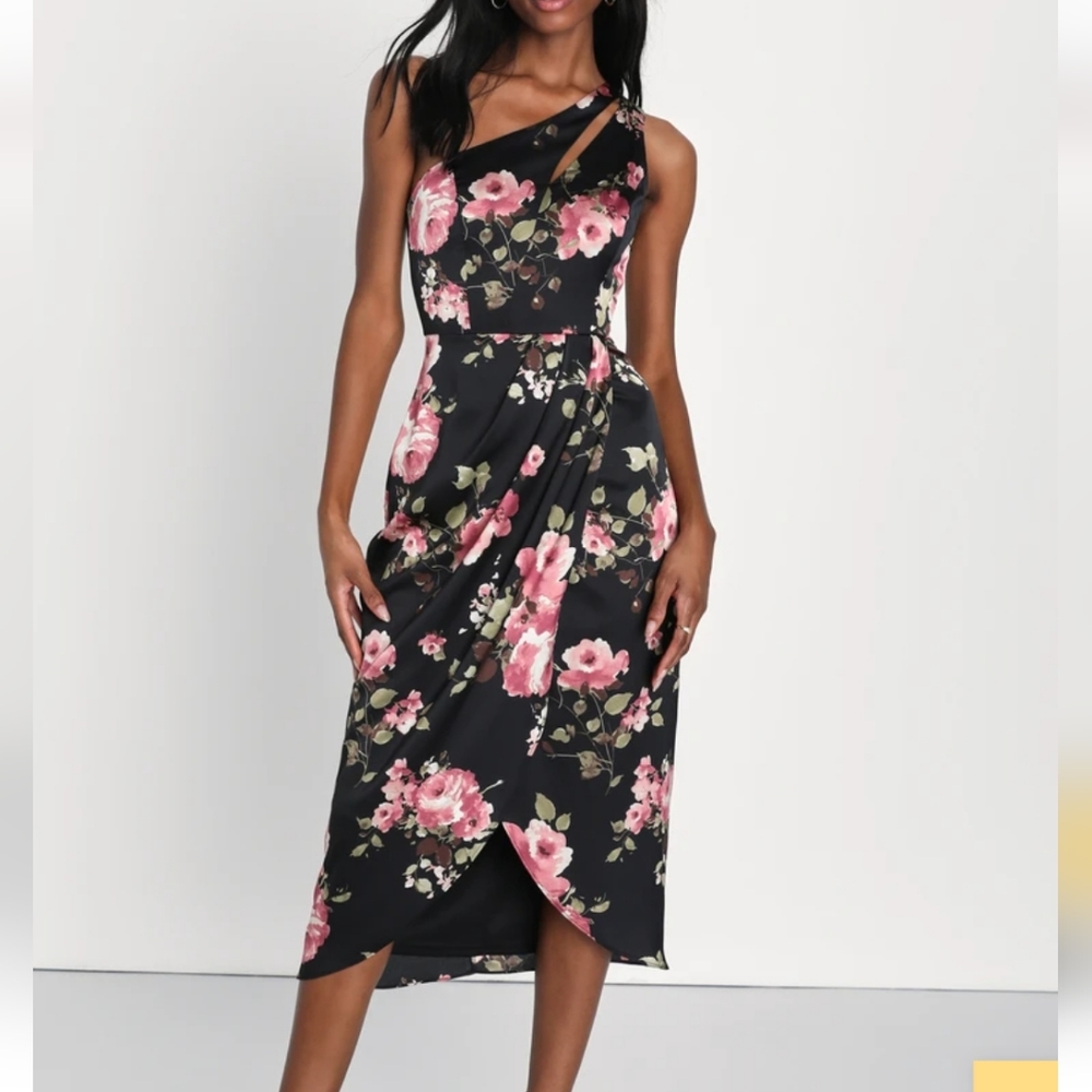 Lulus Black Floral Satin One-Shoulder Midi Dress size large